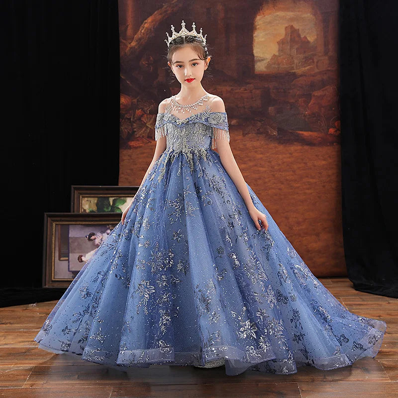 Girl Elegant Off Shoulder Dress Fashion Runway Show Luxurious Princess Dresses for Girls Birthday Party Long Kids Vestidos (Available)