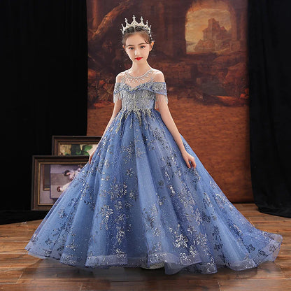 Girl Elegant Off Shoulder Dress Fashion Runway Show Luxurious Princess Dresses for Girls Birthday Party Long Kids Vestidos (Available)