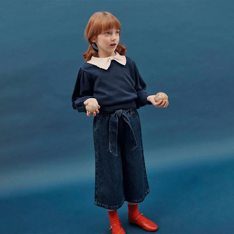 Girls' Dresses 2025 Fall New Arrivals Printed Embroidered Princess Dress Cotton Warm Girls' Jacket Peter Pan Collar Knit Sweater
