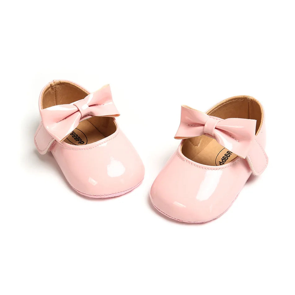 Newborn Baby Girls Shoes Patent Leather First Walkers Bow Red Black Soft Soled Non-slip Crib Kids Shoes