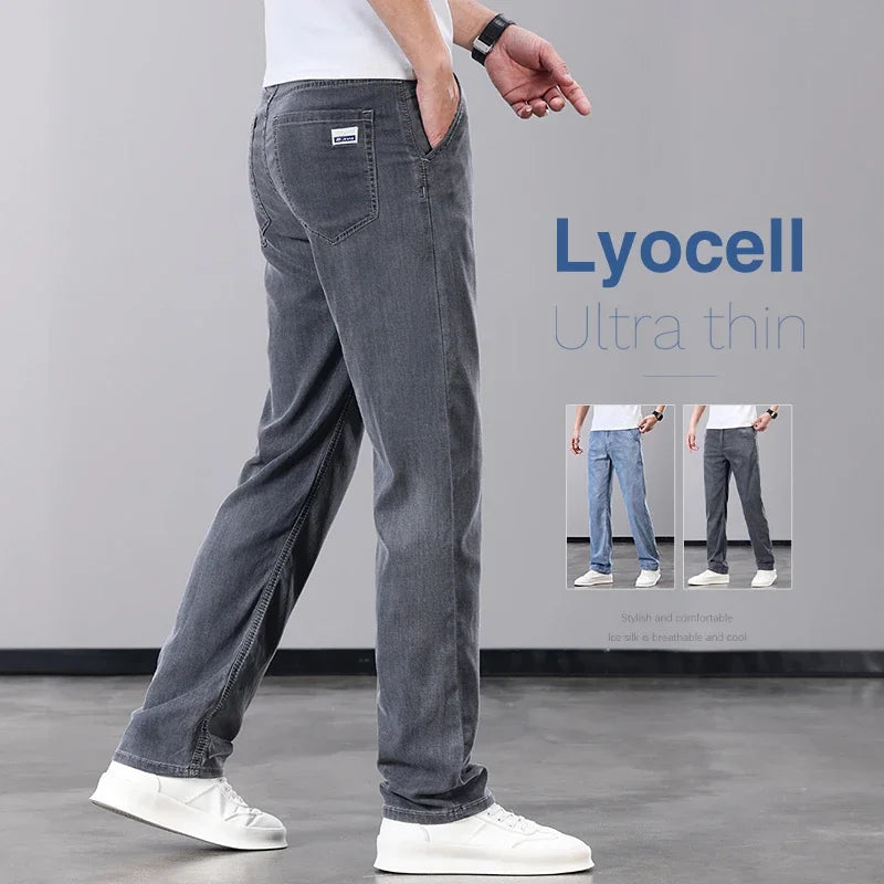 Summer Thin Men's Jeans Lyocell Fabric Soft Breathable Straight Denim Pants Brand Man Elastic Ice Silk Casual Trousers Grey Blue (Available)