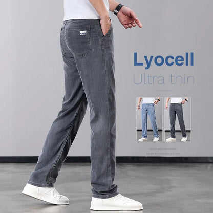 Summer Thin Men's Jeans Lyocell Fabric Soft Breathable Straight Denim Pants Brand Man Elastic Ice Silk Casual Trousers Grey Blue (Available)