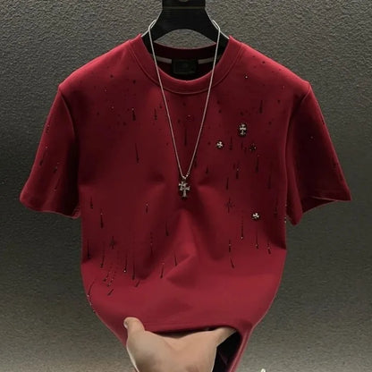 Spring New Heavy Work Light Luxury Custom Short Sleeve T-shirt Top Meteor Full Diamond T-shirt Round Neck Short Sleeve    (Available)
