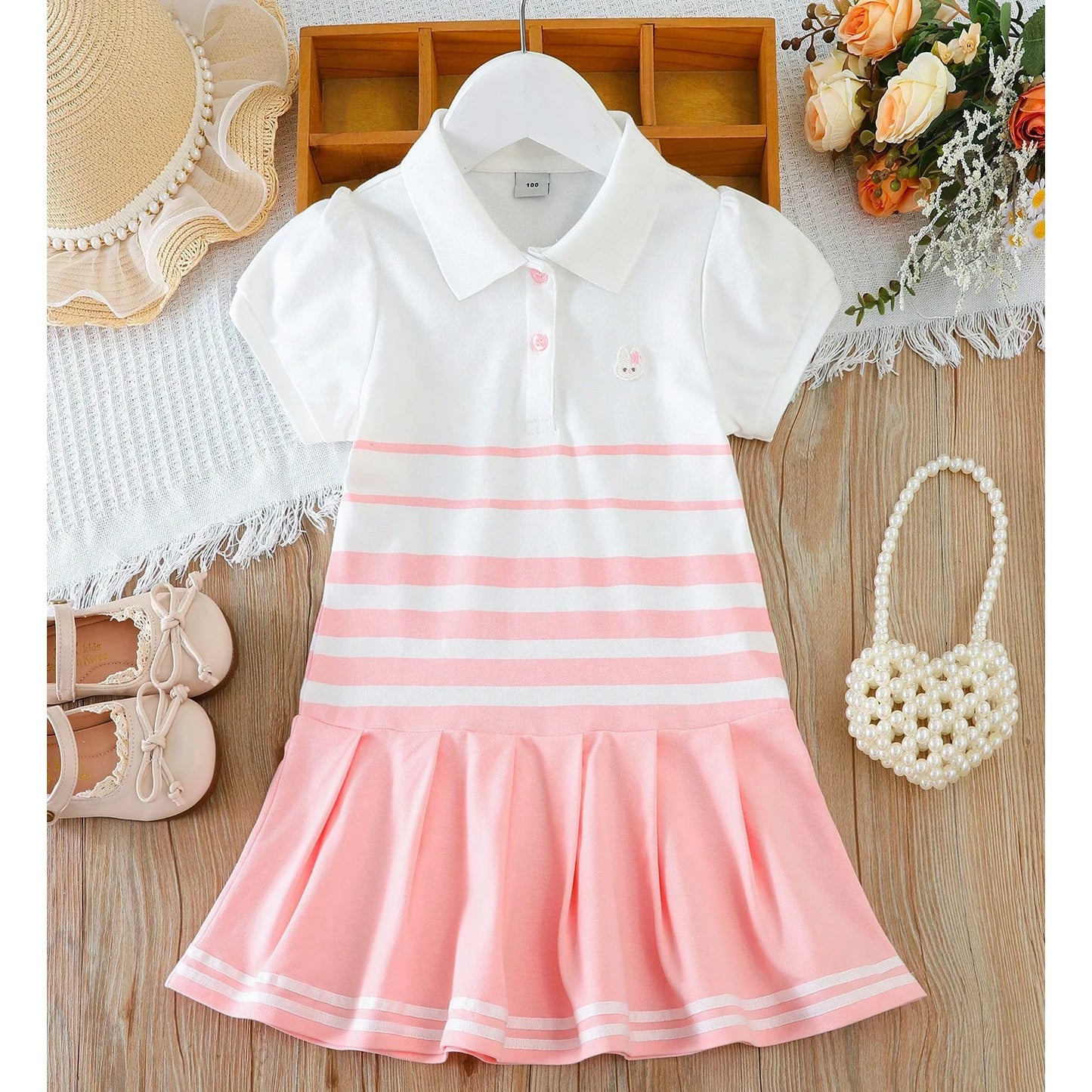 Girls' Fashion Polo Dress with Stripes Kids Elegant Puffed Sleeves Clothes Baby Girls Summer Dresses