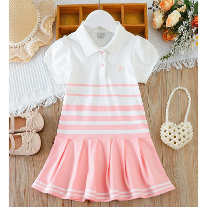 Girls' Fashion Polo Dress with Stripes Kids Elegant Puffed Sleeves Clothes Baby Girls Summer Dresses