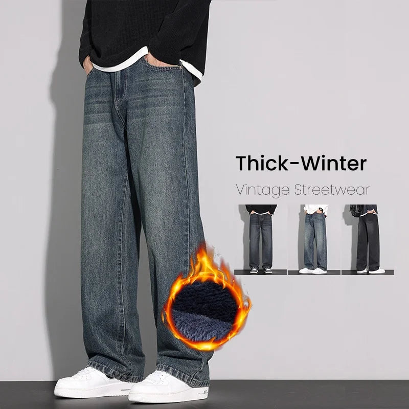 Fleece Jeans Men's Winter Fashion Straight Loose Thick Fleece Trousers Casual Vintage Streetwear Male Warm Plush Denim Pants
