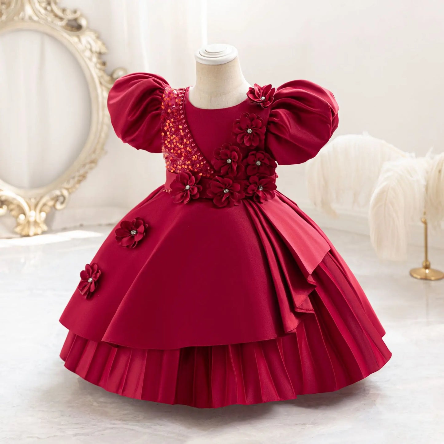 New Kid Party Dress for Occasions Flower Girl Formal Dresses Festive Children Red Clothes 1- 5 Years