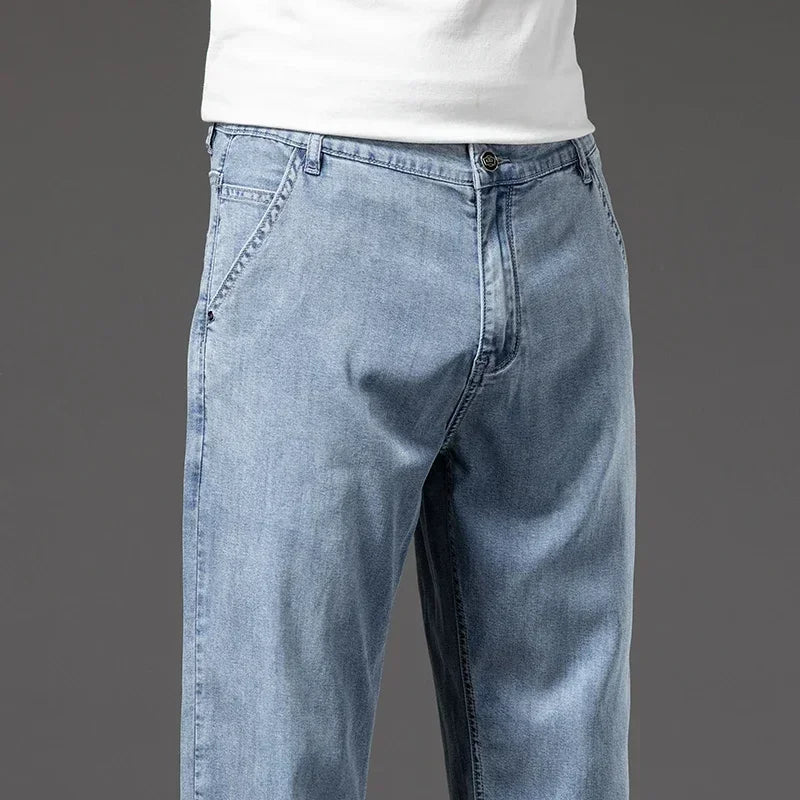 Men's Lyocell Soft Thin Jeans Light Color Straight Loose Casual Trousers Business Fashion Male Clothes Elasticity Denim Pants