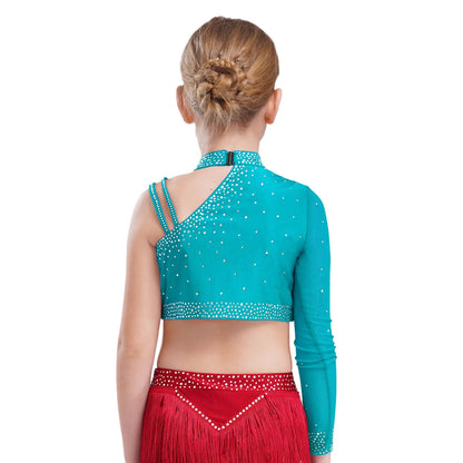 Girls Modern Dance Dress 2 Piece One-shoulder Sleeve Rhinestone Crop Top And Feather Skirts Sets Dance for Stage Performance