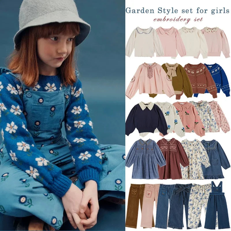Girls' Dresses 2025 Fall New Arrivals Printed Embroidered Princess Dress Cotton Warm Girls' Jacket Peter Pan Collar Knit Sweater