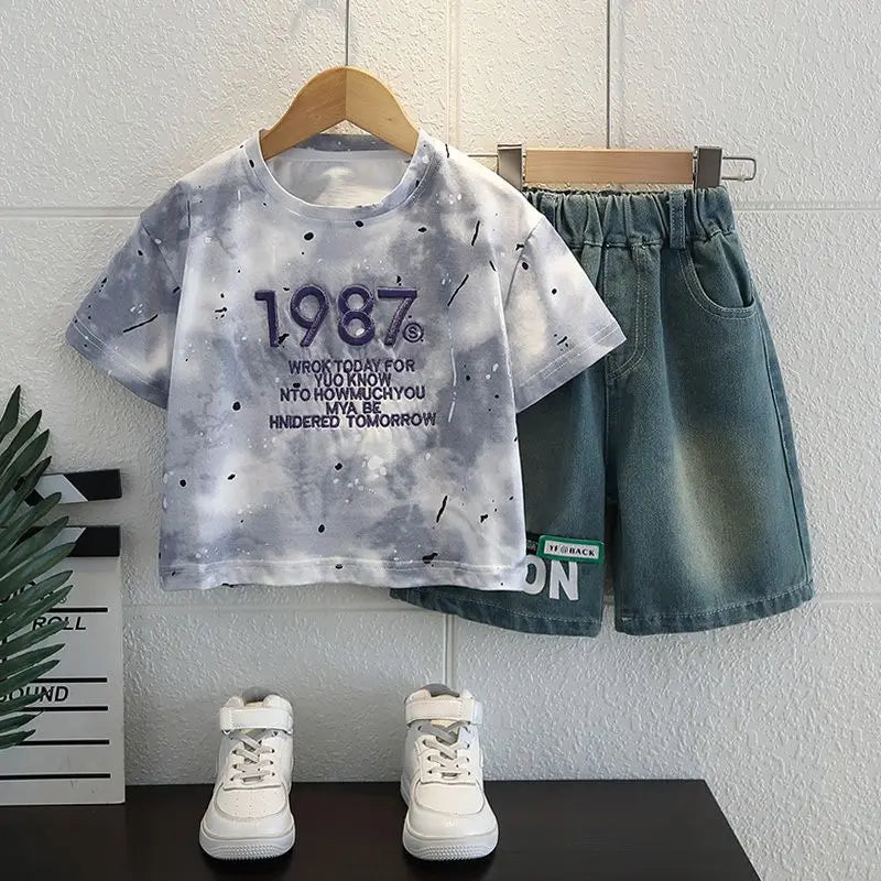 Summer Baby Boys Fashion High Quality Set Cotton Boy Short Sleeved Hole T-shirt + Denim Shorts Kids Loose Casual Clothes 2-11Y