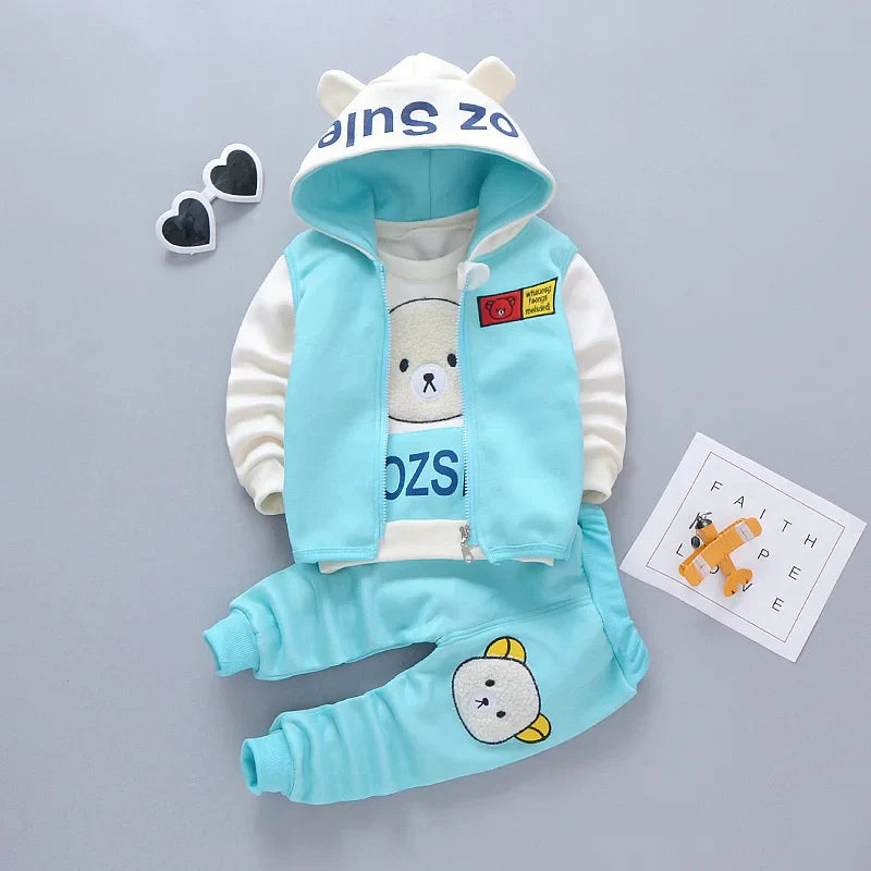 New Autumn Winter  Baby Girl Clothes Children Boys Thickened Hooded Vest T-Shirt Pants 3Pcs/Sets Toddler Costume Kids Tracksuits (Available)