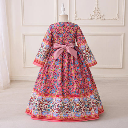 Girl Dress For Eid Arab Muslim Floral Print Long Sleeve Dress For Children Formal Pageant Party Festival Ceremonial Banquet Gown