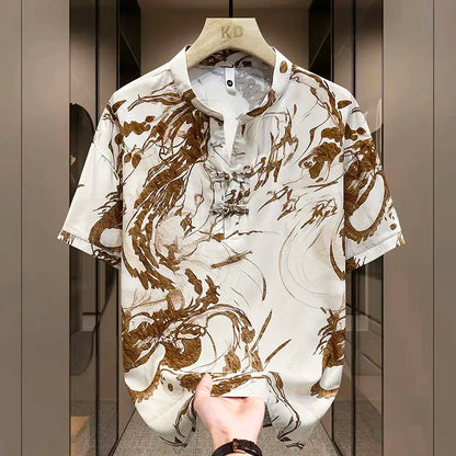 New Chinese Short-sleeved Men Trendy Versatile T-shirt in Summer Retro Stand Collar Thin Fashion Pullover (Available)