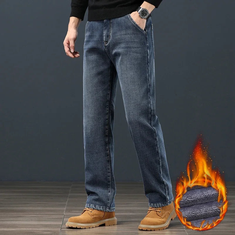 Winter Fleece Warm Men's Jeans Classic Loose Straight Plush Denim Pants Thickened Fashion Stretch Casual Thermal Trousers 42 44 (Avaialble)