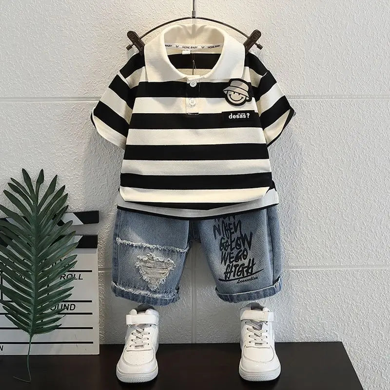 Boys 2025 Summer Outfit T-Shirt and Jeans Korean Polo Fashion 2PCS Casual Clothing Korean Reviews Top Toddler Kids Clothes Sets (Available)