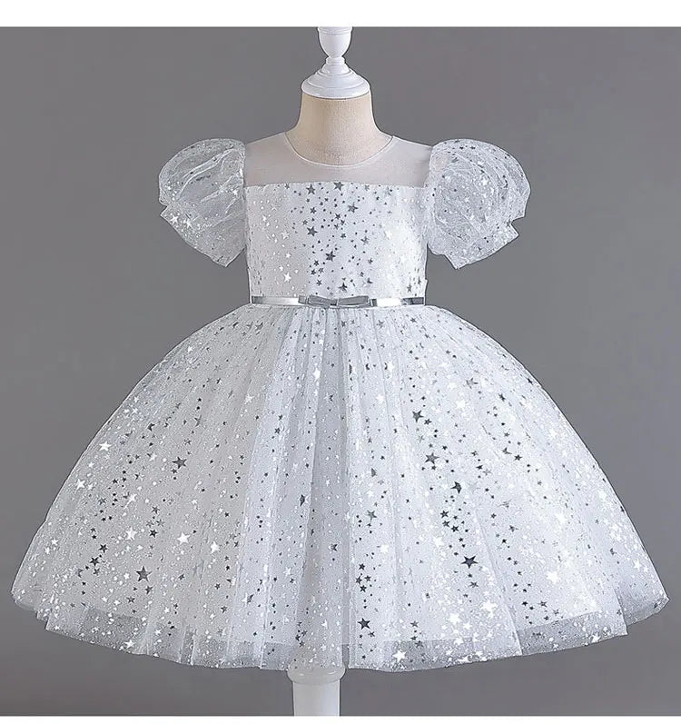 Summer Girls Dresses for Party and Wedding Lace Mesh Short Sleeve Girls Sequin Dress Fashion Girls Party Dress 4-10 Years