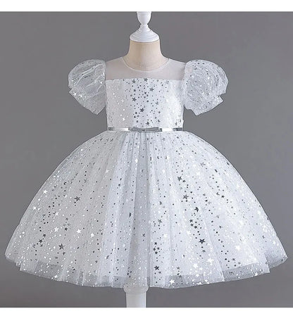 Summer Girls Dresses for Party and Wedding Lace Mesh Short Sleeve Girls Sequin Dress Fashion Girls Party Dress 4-10 Years