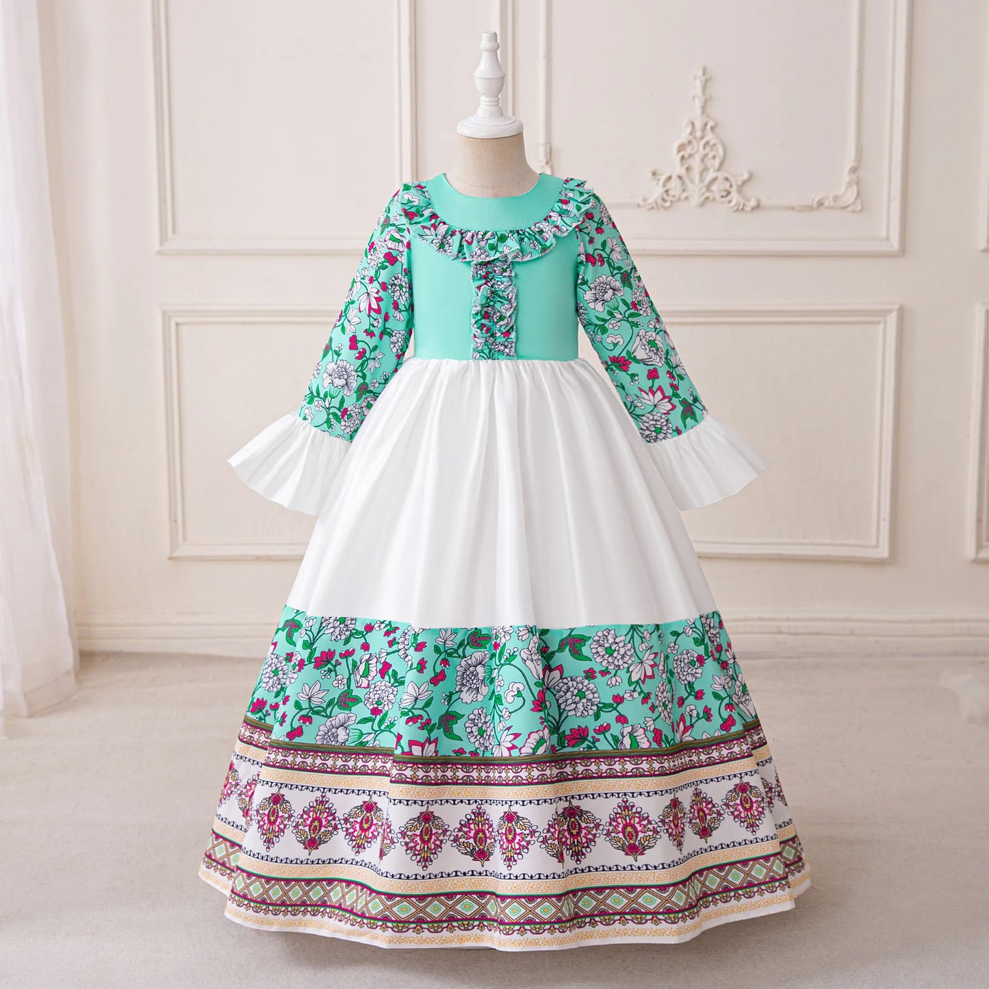Girl Dress For Eid Arab Muslim Floral Print Long Sleeve Dress For Children Formal Pageant Party Festival Ceremonial Banquet Gown