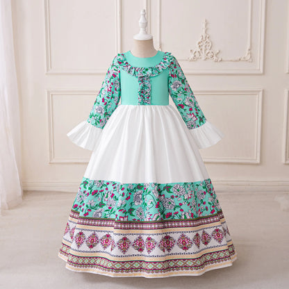 Girl Dress For Eid Arab Muslim Floral Print Long Sleeve Dress For Children Formal Pageant Party Festival Ceremonial Banquet Gown