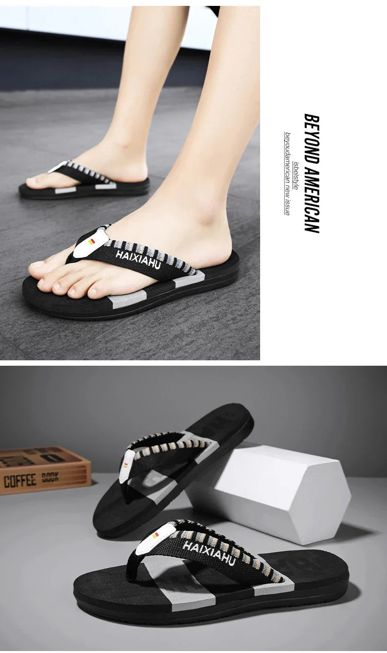Men Slides Cloth Tape Woven Color Matching Stripe Wear-resistant Slippers (Available)