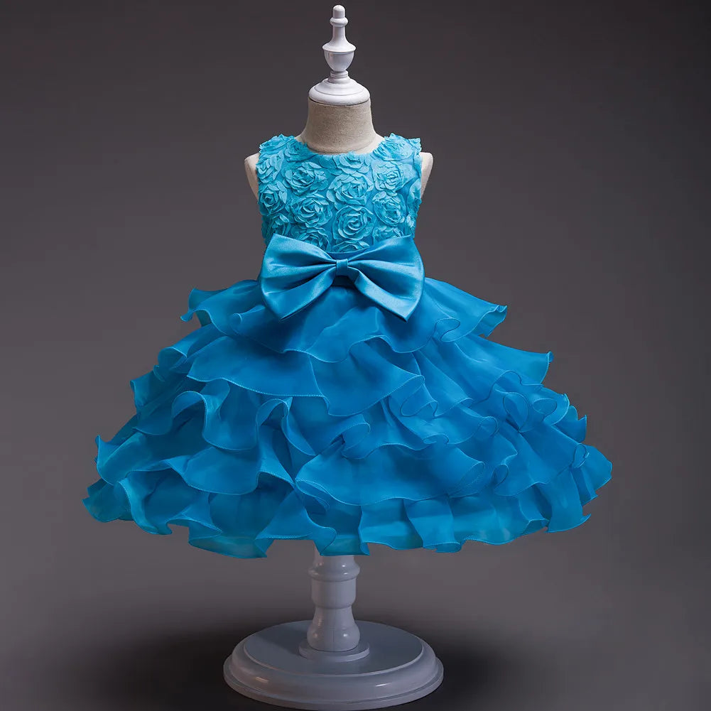 Girl's bow dress A dress with suspenders Rose flower girl wedding dress