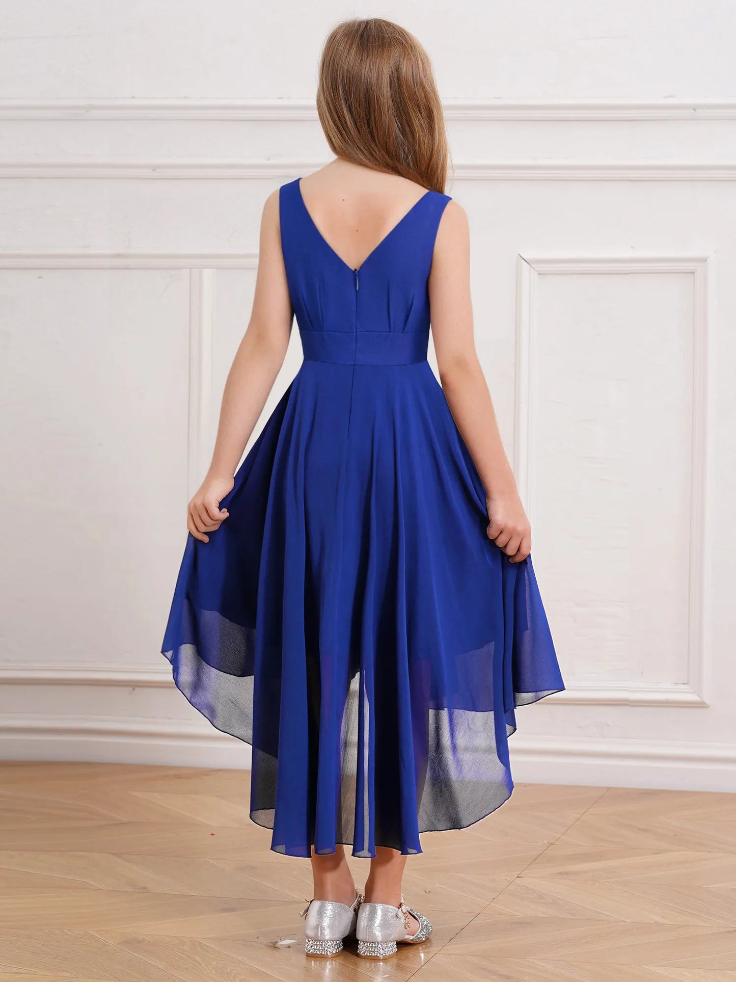 Summer Girls Festive Dress Hi-Lo Tulle Sleeveless Shiny Beaded Dress Flower Kids Wedding Pageant Clothing Evening Communion Gow