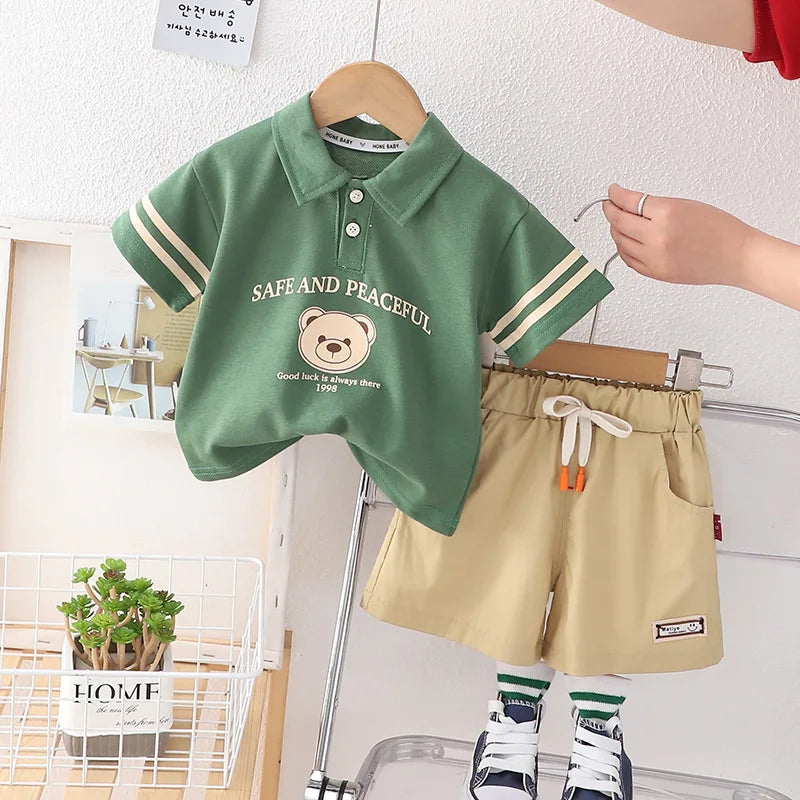 New Summer Baby Boys Clothing Set Cartoon Bear Polo T-shirt+Shorts Pants 2Pcs Suit For 1 2 3 4 5 Years Kids Casual Outfit