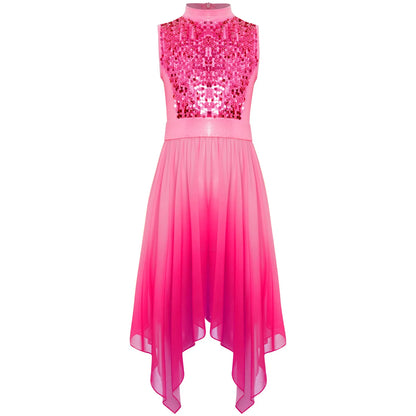 Girls Liturgical Worship Praise Dance Dress Contemporary Lyrical Dancewear Sleeveless Sequins Bodice Asymmetrical Tunic Dresses