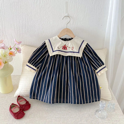 Baby Girl's Dress 2025 Autumn New Retro Children's Embroidered Dress Striped Long-sleeved Princess Dresses