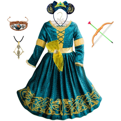New Cartoon Movie Girls Princess Merida Dress Halloween Brave Princess Costume Children Green Velvet Long Sleeve Vintage Clothes