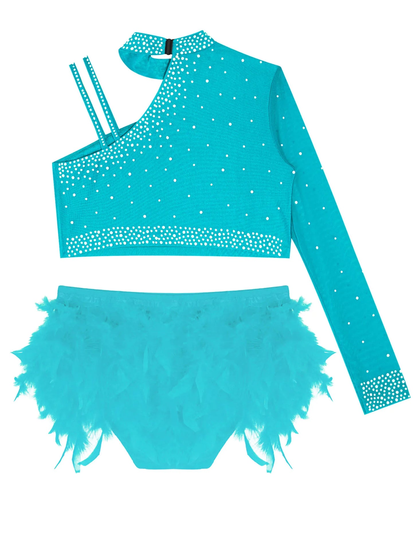 Girls Modern Dance Dress 2 Piece One-shoulder Sleeve Rhinestone Crop Top And Feather Skirts Sets Dance for Stage Performance