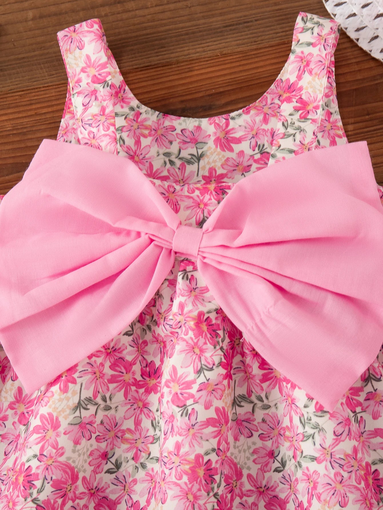 Summer Beach Party Dress for Girls Rose Red Bow Flower Print Suspender Dress Girl Casual Outdoor Outfit Sent Hat
