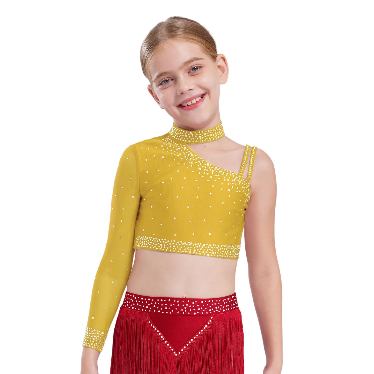 Girls Modern Dance Dress 2 Piece One-shoulder Sleeve Rhinestone Crop Top And Feather Skirts Sets Dance for Stage Performance