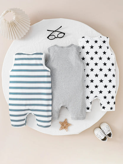 Baby Boy Summer Sleeveless Three-Piece Romper Set Infant Boys Outfit Collection Multi-piece Bodysuit Collection for Summer