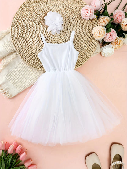 Girls' summer dress with white round neck suspender and sheer skirt, outdoor casual party dress