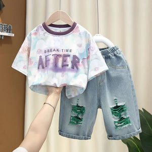Summer Baby Boys Fashion High Quality Set Cotton Boy Short Sleeved Hole T-shirt + Denim Shorts Kids Loose Casual Clothes 2-11Y