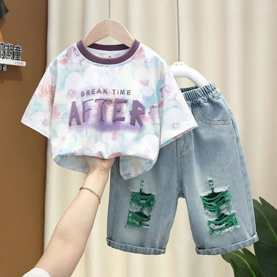 Summer Baby Boys Fashion High Quality Set Cotton Boy Short Sleeved Hole T-shirt + Denim Shorts Kids Loose Casual Clothes 2-11Y