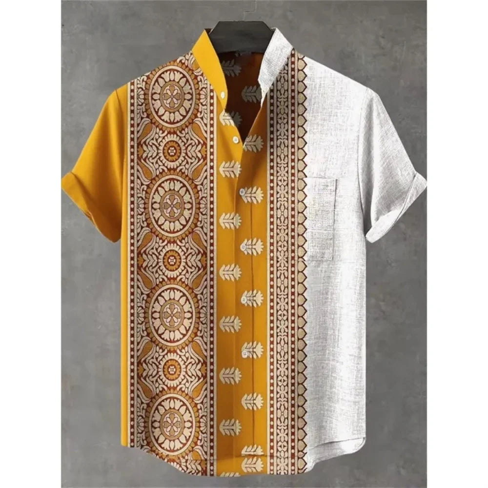 Men's summer shirt, fashionable stand up collar short sleeved cardigan, ethnic tribal printed pocket, linen breathable men's top   (Available)