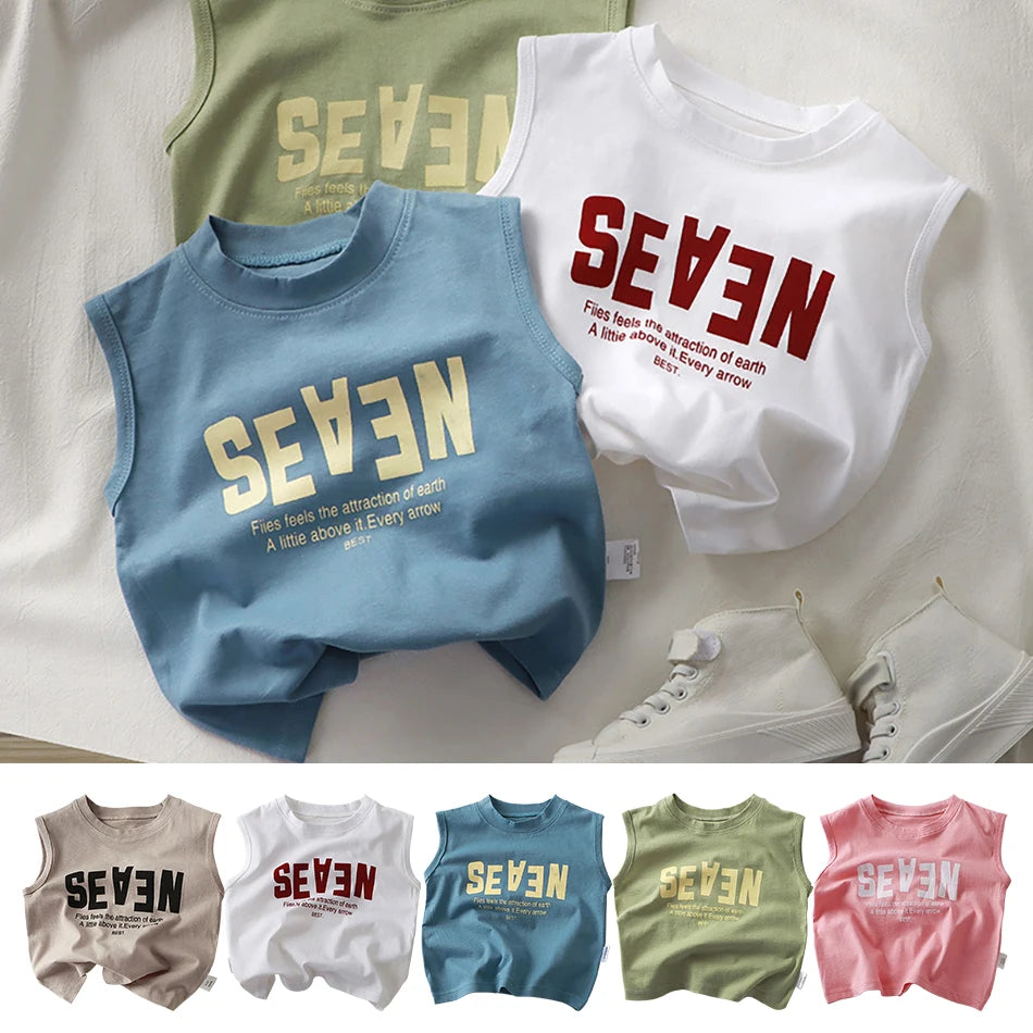 Summer Boys Letter Print Tops Girls Wide Shoulder Vest Children's O-neck T-shirt 2025 Baby Kids Korean Solid Sleeveless Tank Top