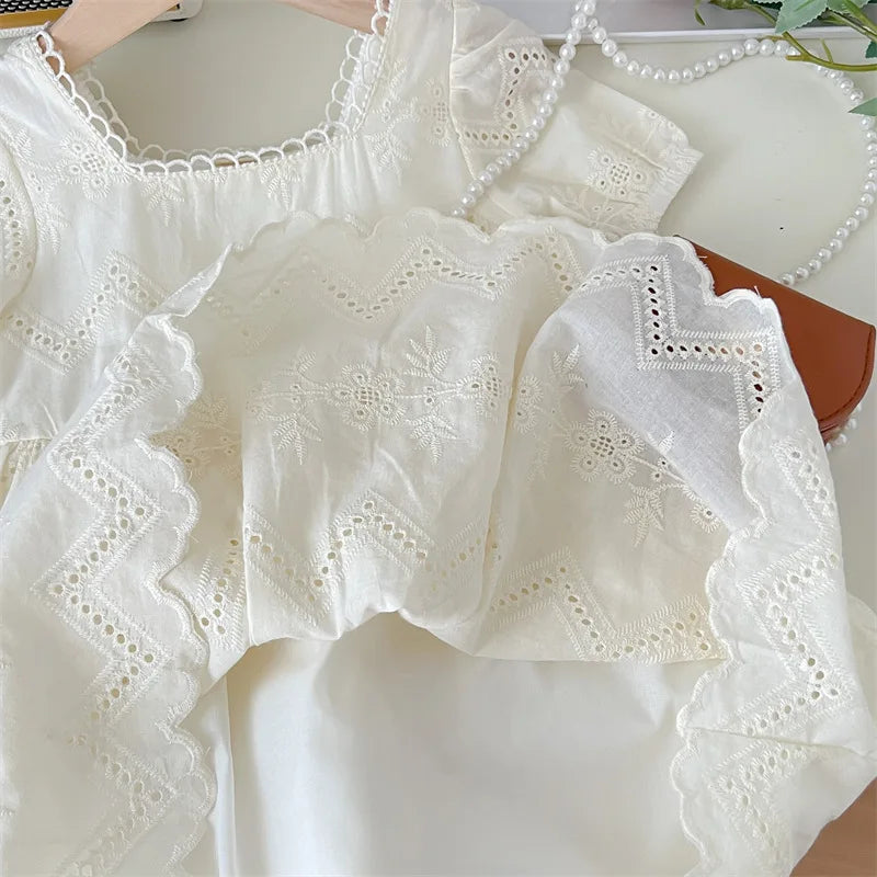 New Summer Kids Dresses for Girls Pure Color All-match Lace Girls  Short-sleeved Dress Baby Princess Dress Girls Clothes