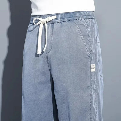 2025 New Summer Soft Lyocell Fabric Men's Jeans Thin Loose Straight Pants Drawstring Elastic Waist Korea Casual Trousers (Available)
