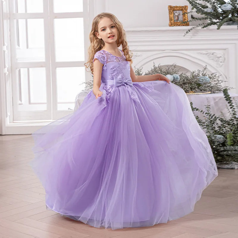 Girl Evening Dress Off-Shoulder Princess Elegant Teenager Girls Dress For Wedding Piano Performance Formal Children Lace Dress