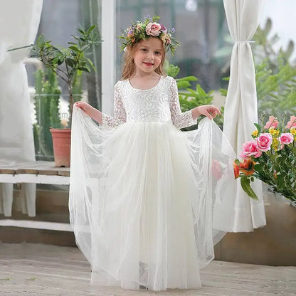 Girl's dress 4-12 years fashionable hollow out long sleeved princess dress carnival birthday wedding flower girl bridesmaid Wear