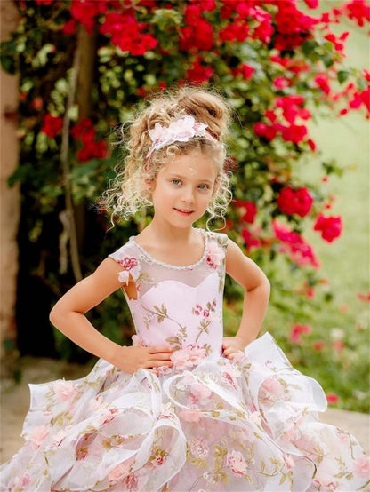 Customized Flower Girl Dresses For Weddings Pink Sleeveless Ruffled Tiered Princess Pageant Gowns Party Tulle Kid Prom Dress