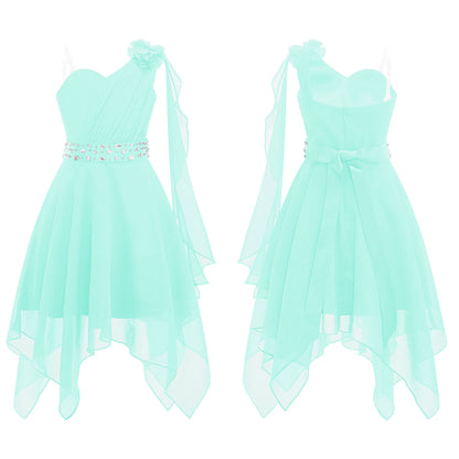 Summer Girls Festive Dress Hi-Lo Tulle Sleeveless Shiny Beaded Dress Flower Kids Wedding Pageant Clothing Evening Communion Gow