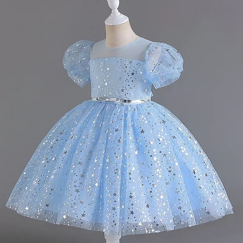 Summer Girls Dresses for Party and Wedding Lace Mesh Short Sleeve Girls Sequin Dress Fashion Girls Party Dress 4-10 Years