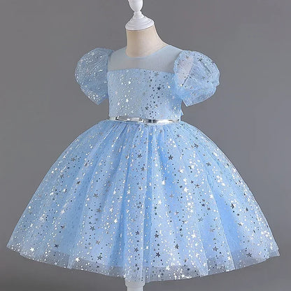 Summer Girls Dresses for Party and Wedding Lace Mesh Short Sleeve Girls Sequin Dress Fashion Girls Party Dress 4-10 Years