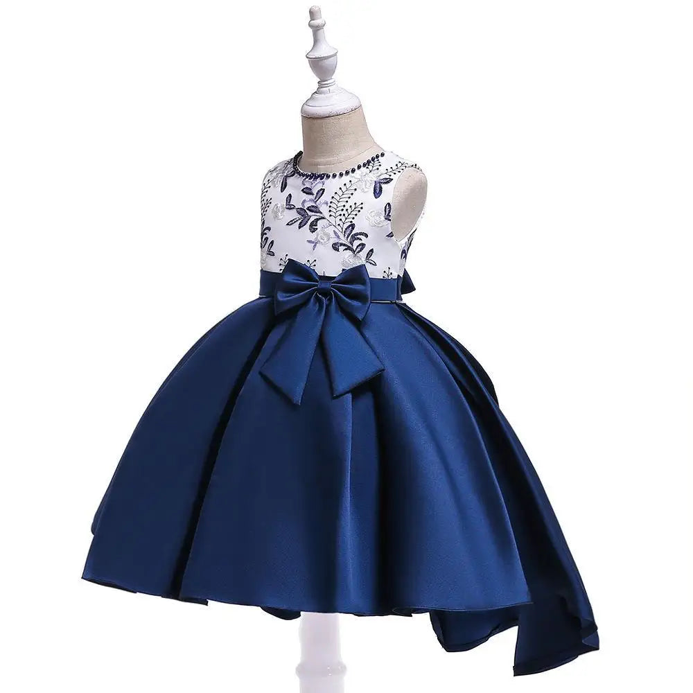 Party Prom Dress For Girls Flower Embroidery Princess Dresses Children Satin Bow Dovetail Dress For Kids Birthday Wedding Gown