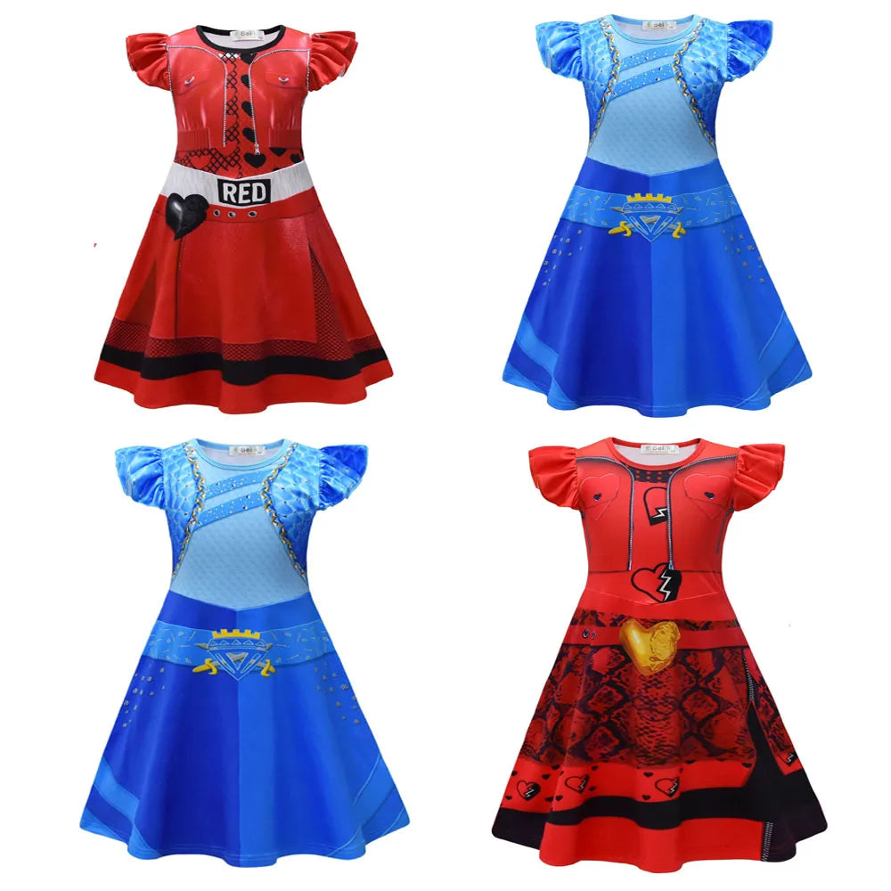 Kids D-Descendants 4 Red Girls Dresses Cosplay Costume Movie T-The Rise of Red Chloe Princess Dress Halloween Carnival Dress Up